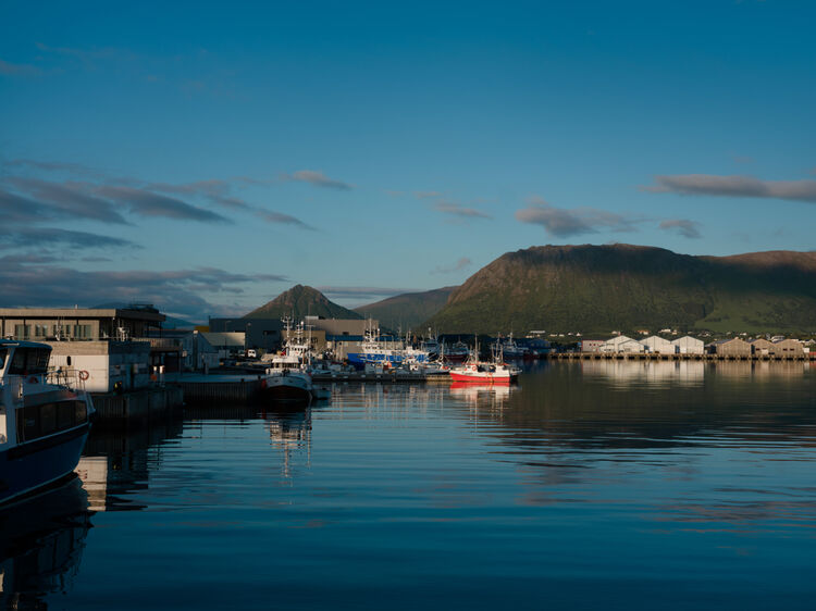 Bilde av Myre Havn med kai og fiskebåter